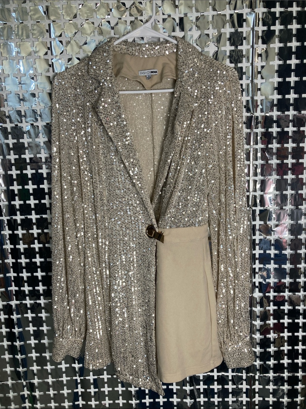 Fashion Nova Champagne Sequin Blazer Jumpsuit with Draped Skirt Overlay